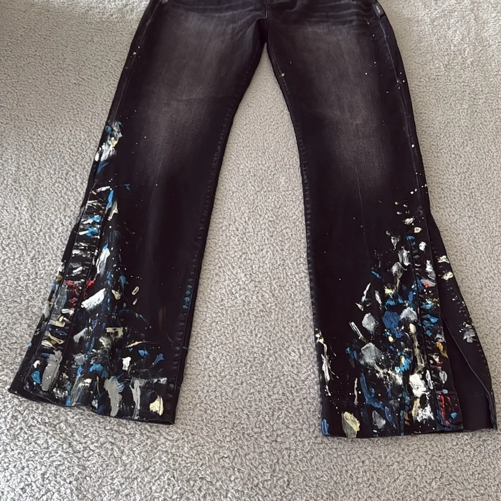 AMIRI Black Flare Wide Leg Jeans with Embellishments Paint size 38